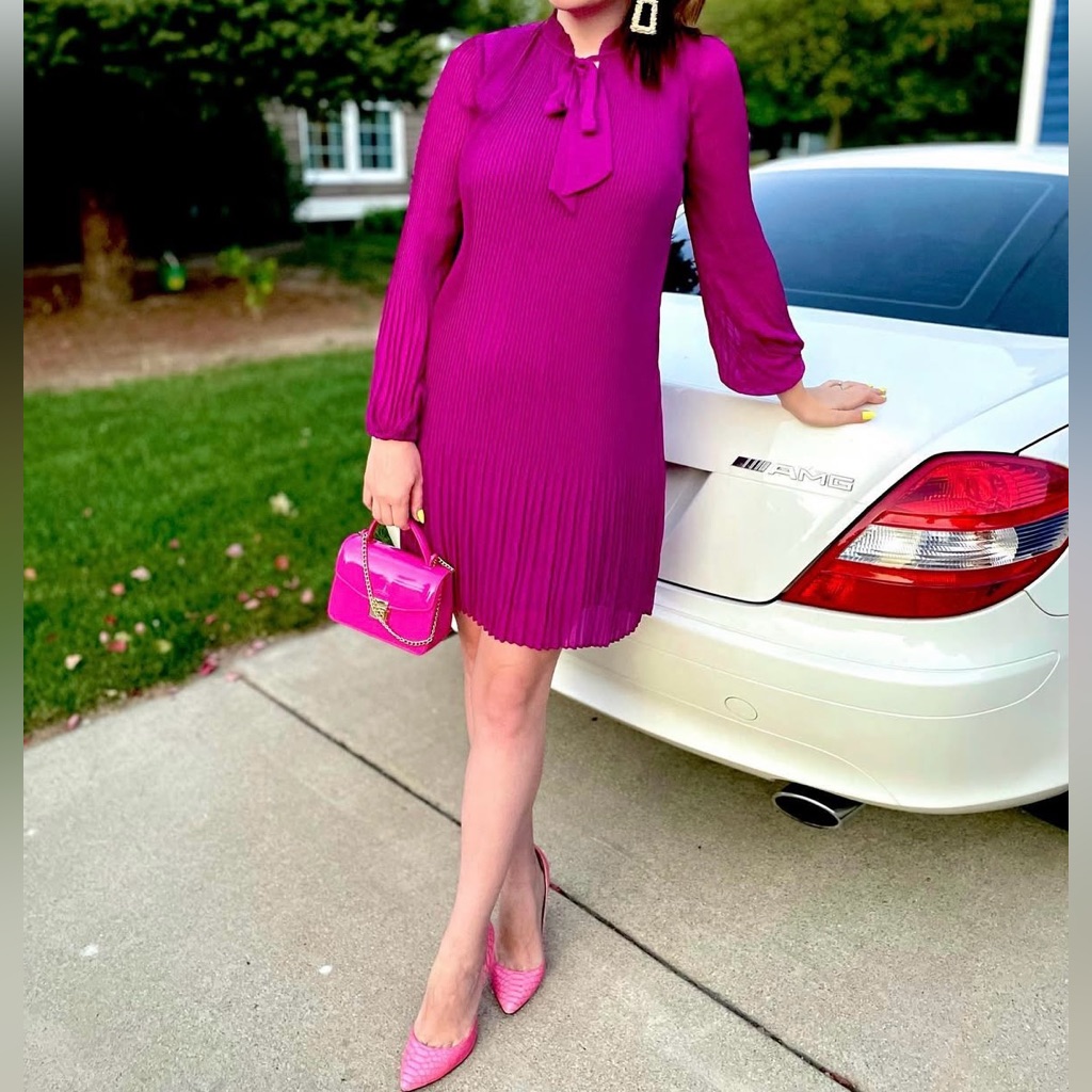 Dkny Long Sleeve Tie Neck Pleated Shift Dress, Size 2, Maroon/Purple